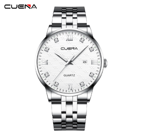 CUENA Men's Original Watch Luxury All Steel Fashion Business Analog Quartz Waterproof Watch SILVER  WHITE