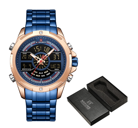 Naviforce Men's Luxury Gold Digital Chronograph Military Sport Quartz Stainless Steel Waterproof Alarm WristWatch BLUE ROSEGOLD