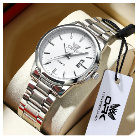 OPK Watch For Men WaterProof Original Stainless Steel Leather Strap Fashion Luminous Calendar Quartz Mens Watches WHITE DIAL SILVER STRAP