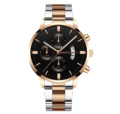 GENEVA Luxury Silver Mens Stainless Steel Analog Watches Mens Three Eyes Calendar Quartz Business Wristwatch Men Watch WHITE ROSEGOLD