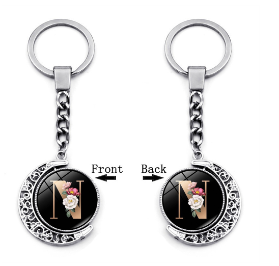 1PC Exquisite 26 Letter Glass Keychains Double Sides Moon Flower A-Z Initials Keyrings Handbag Charms Ornaments Gifts N