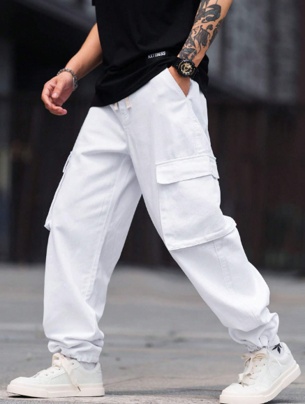 Manfinity EMRG Men Casual Solid Color Tapered Fit Cargo Denim Pants