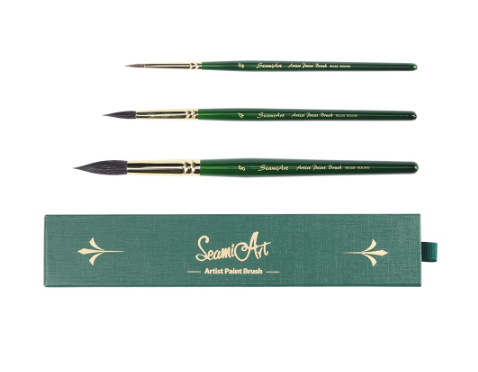 SeamiArt 3pcs Artist Pointed Round Sable Squirrel Brush Gift Set Short Green Handle Painting Brush For Watercolor