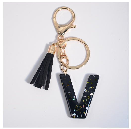 Black A-Z 26 Letter Key Chain Fashion Star Sequin Filled Initials Keyrings For Women Bag Ornaments Charm Car Key Holder Gifts V