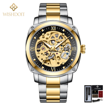 WISHDOIT Automatic Mechanical Watch for Men Original Waterproof Stainless Steel Silver Gold Business Fashion Trend LuminouS Watch SILVER BLACK GOLD