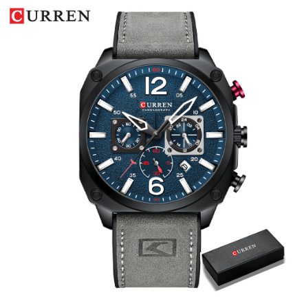 Curren Men's Watches Fashion Casual Quartz Sporty Wristwatches 2021 Male Chronograph Leather Luminous Waterproof Watch GRAY BLUE