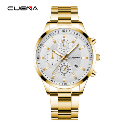 CUENA Original Men's Watches Stainless Steel Fashion Luxury Casual Business Quartz Analog Waterproof Watch GOLD WHITE