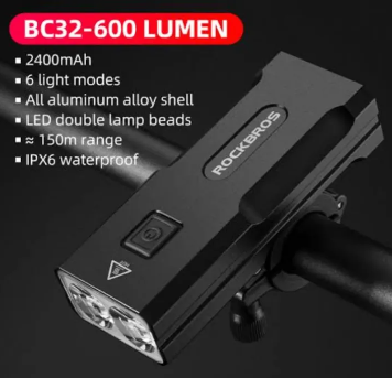ROCKBROS BC32 600LM Bike Light Rainproof USB Rechargeable LED MTB Front Lamp Flashlight Aluminum