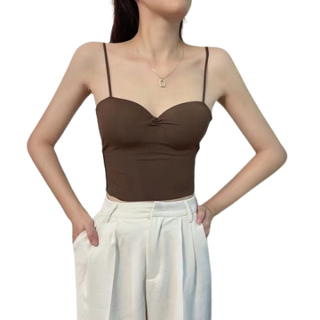 Lovito Women Casual Plain Halter No Steel Ring Basic Long Bralette LNA27194 (Brown/Black)