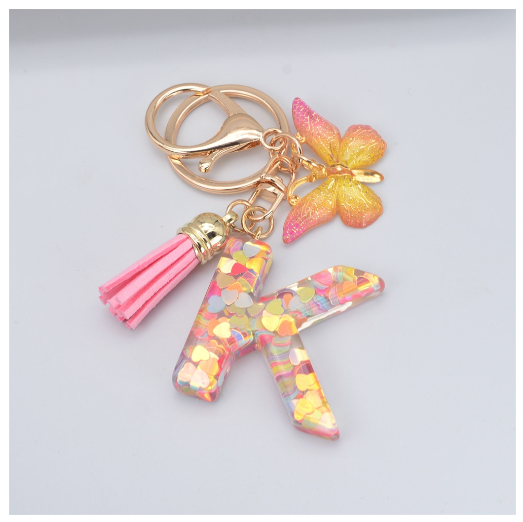 Exquisite 26 Letter Resin Keychain with Pink Tassel Gradient Butterfly Pendant Key Ring Women Bag Ornaments Accessories K