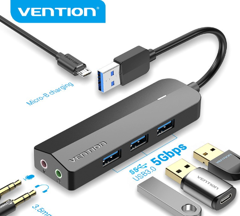 Vention USB 3.0 Hub 3 USB Ports Sound Card with 3.5mm Po&Mic 5Gbps High Speed USB Splitter for PC Laptop