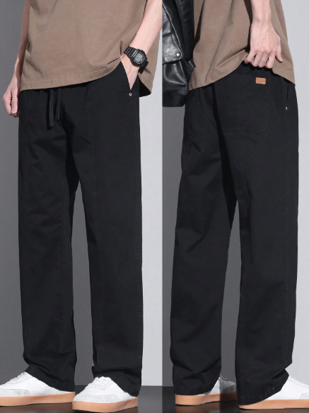 Men's Cotton Casual Pants, Elastic Waist Straight Trousers
