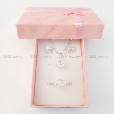 925 silver set 3in1 earrings necklace ring size adjustable for women with free box