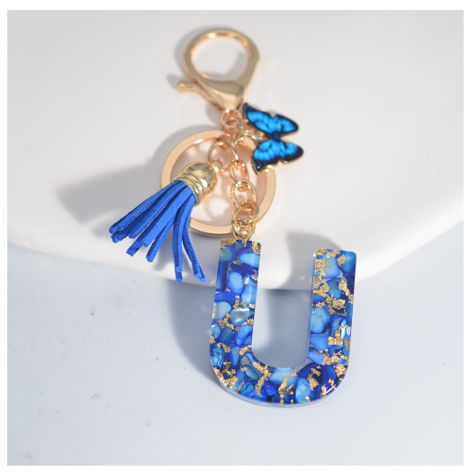 Fashion Butterfly 26 Initials Keychain Exquisite Blue Stone Filled Letter Keyrings Exquisite Alphabet Pendant Bag Ornament Gifts U