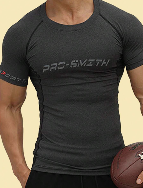 1pc Black Casual Men's Printed Round Neck Quick-Drying Slim Fit Lightweight Shaping Elastic Breathable Sweat-Absorbent Sports T-Shirt, Suitable For Fitness And Home Use