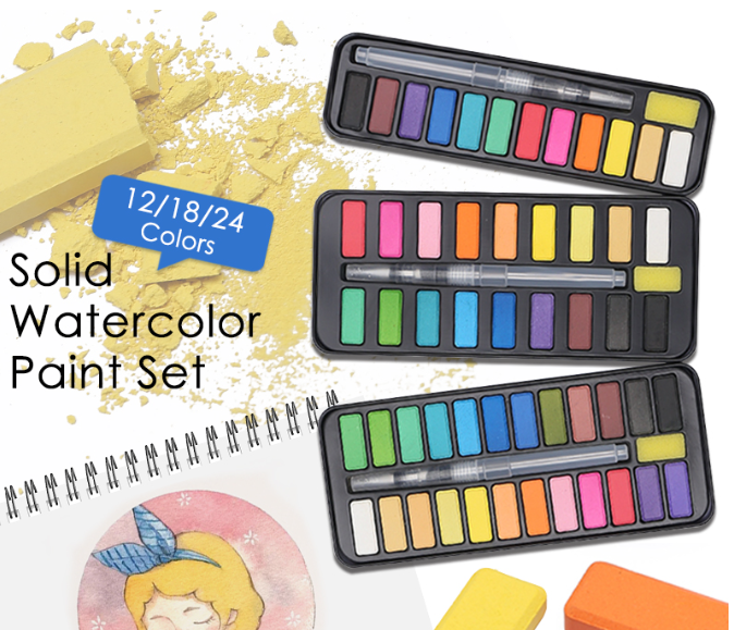 12/18/24 Colors Solid Watercolor Paint Set Portable Water Color Drawing Brush Acrylic Professional Painting Art Supplies