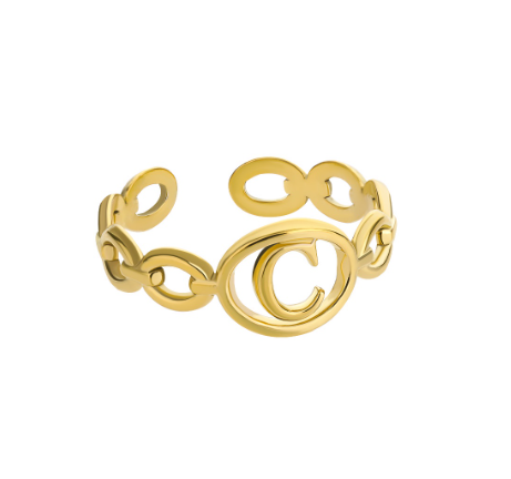 Kaijiang Hollow Initial Letter Rings For Women Gold Color Link Adjustable Open Ring Stainless Steel Jewelry Gift Fashion Accessories C