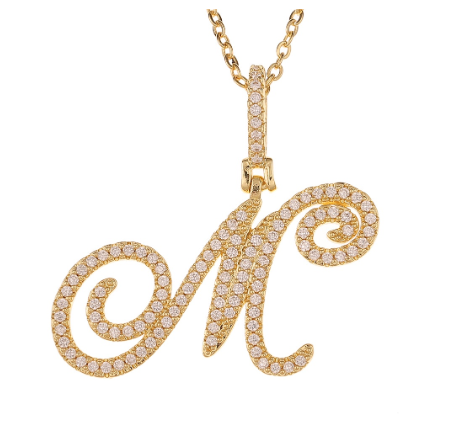 Fashion A-Z Initial Cursive Letters Pendant Necklace For Women Gold Color Shiny Rhinestone Chain Necklace Jewelry Gift M