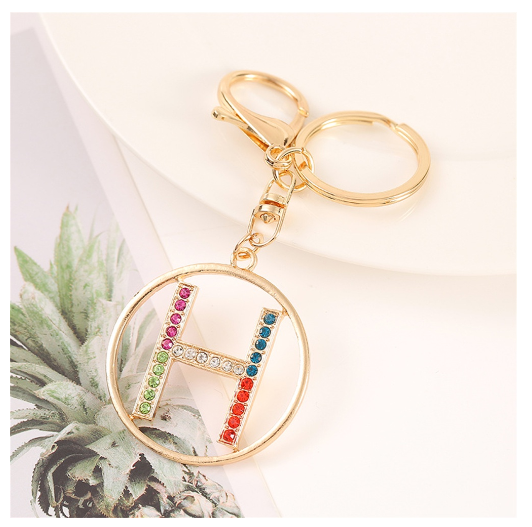 Colorful Rhinestone A-Z Letter Keychain Hollow Round Initials Alloy Keyring Bag Pendant Ornament DIY Accessories Charms Gift H