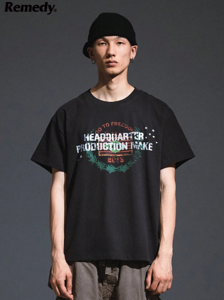 Remedy Chinese Style Summer Box-Shaped T-Shirt With Vintage Letter Print, American Street Fashion Short Sleeve Casual Tee For Men