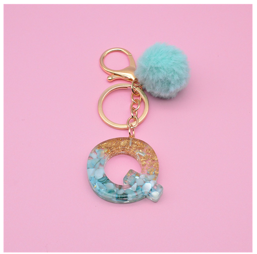 Cute Keyring Green Pompom Fur Ball 26 Letter Keychain Resin Key Chains Handbag Charms For Woman Ornaments Accessories Gift Q