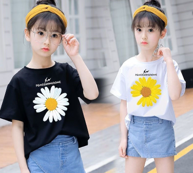 Kids Fashion Clothes Short Sleeve Top Daisy Flower Plain T-Shirt for Girls