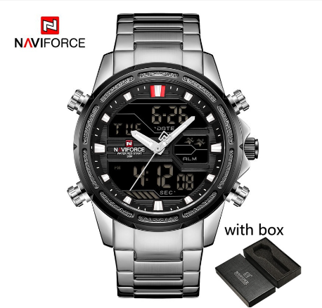Naviforce Watches for Men Luxury Brand Digital Chronograph Sport Quartz Wristwatch Waterproof Military Steel Band Luminous Clock SILVER
