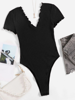 Bodysuit Double V Neck Lettuce Edge Short Sleeve Sexy Korean Fashion