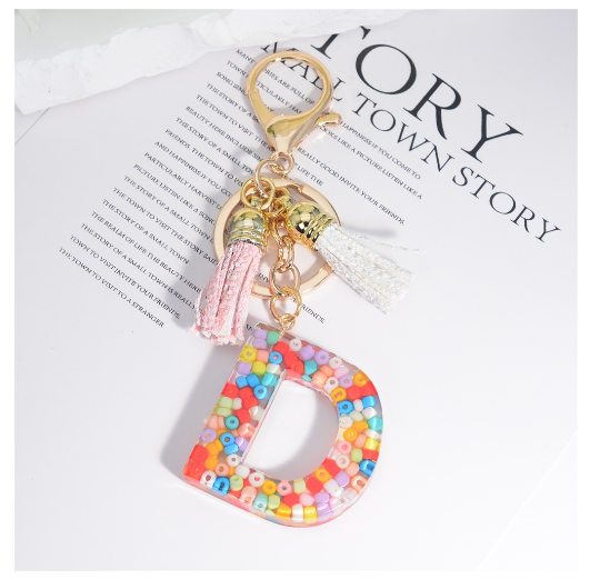 Colorful Beades Filled A-Z 26 Letter Keychains For Women Fashion Initials Keyring With Tassel Bag Pendant Accessories Souvenir D