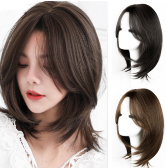 Medium Long Hair Full Wigs Female Clavicle Hair Wig Set Synthetic High Temperature Silk Wig Black Brown Hair For Women