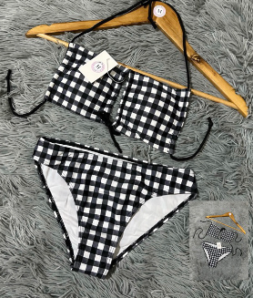 Black Checkered Cut Out Knot Front Bandeau Bikini | Small