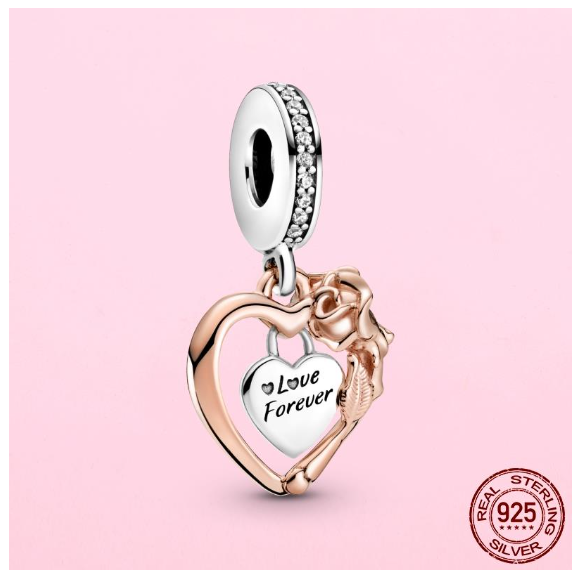 925 Sterling Silver Flamingo Leaf Rose Flower Charm CZ Luxury Pandora Pendant Fit Pandora Bracelet Necklace For Women DIY Making S6