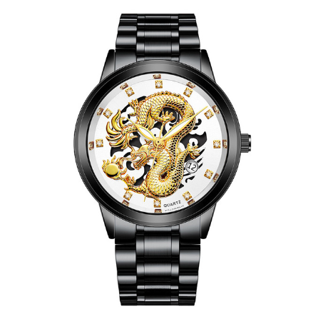 Creative Embossed Chinese Dragon High-end Business Calendar Watch Diamond-studded Steel Band Men's Quartz Watch 0012