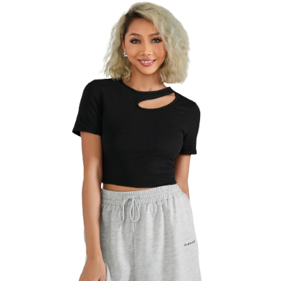 Lovito Casual Plain Cut Out Crop Short Sleeves T-Shirts L22AD022 (Black)