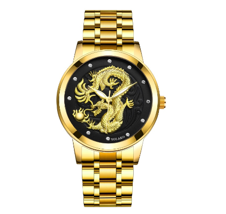 Fashion Men's Full Steel 3D Engraving Gold Dragon Quartz Waterproof Watch Men's Watch GOLD BLACK