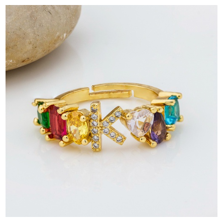 Hot Sale Adjustable A-Z 26 Initial Ring Bohemian Copper Zircon Rainbow Letter Rings for Women Girls Jewelry K