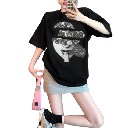 Lovito Women Pattern T-Shirt LNA37183 (Black)