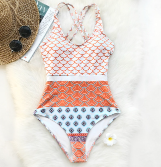 Boho Print Cross Back One-Piece Swimsuit For Women Sexy Scoop Neck Monokini Swimwear