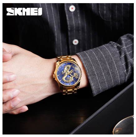 Skmei Men Quartz Luminous Luxury Gold Waterproof Dragon Watch 9193 GOLD BLUE