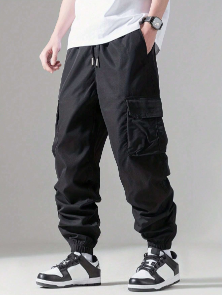 Plus Size Men's Solid Color Drawstring Pocket Casual Cargo Pants