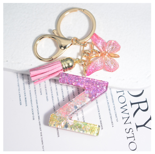Glitter Sequin Filled 26 Letter Keychain With Tassel Exquisite Butterfly A-Z Alphabet Keyrings Women Bag Pendant Ornaments Gifts Z