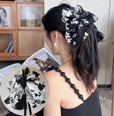 Chiffon Black and White Floral Bow Knot Hair Claw Clips for Girls Ponytail Ribbon Grab Hair Clamps for Women Retro Fashion Summer Hair Clip