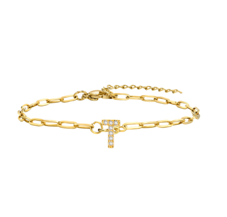 Vnox 18K Gold Zircon Initial Bracelet,Letter Charm Link Stainless Steel Flat Cross Bracelet T