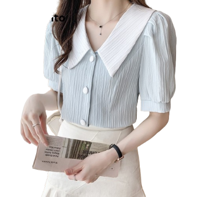 Lovito Women Casual Plain Colorblock Button Blouse LNE27074 (Light Blue)