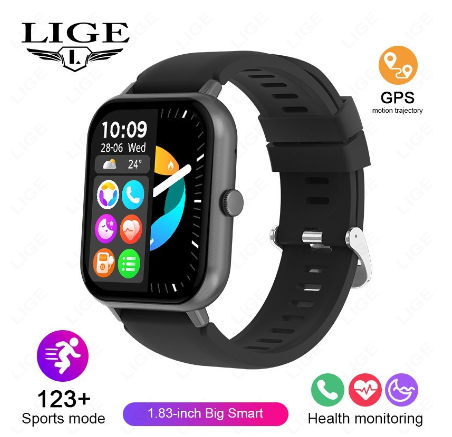 LIGE Bluetooth Call Waterproof Sport Heart Rate Sleep Monitor AI Voice Assistant Smart Watch Online SILICONE BLACK