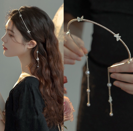 Korean Butterfly Tassel Headband Fashion Pearl Diamond Alloy Hair Band Women Hair Accessories