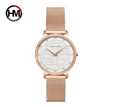Hannah Martin Ladies Luxury Watch Japan Imported Movement Top Layer Cowhide & Milan Stainless Steel Strap 3ATM Waterproof Watch WHITE