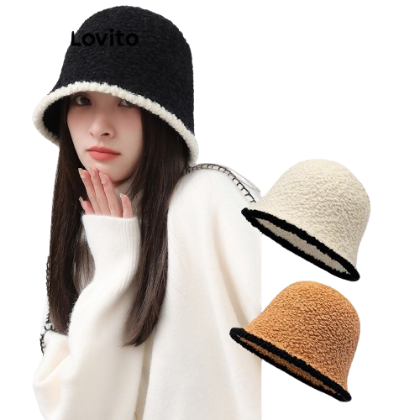 Lovito Women Casual Plain Warm And Fashionable Color Matching Basin Hat Hats LFA04290 (Brown/Off White/Black and White)
