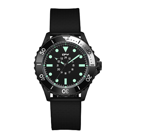 TPW Diver Style Field Watch 40mm Case 24 Hours Dial Rotating Bezel Fabric Strap Wrist Watch BLACK SILICONE STRAP