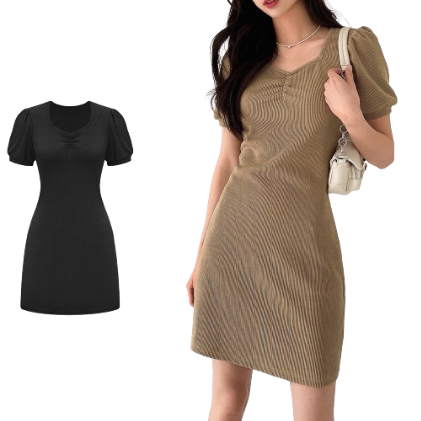 Lovito Women Pleated Puff Sleeve Dress L68ED244 (Light Khaki/Black)
